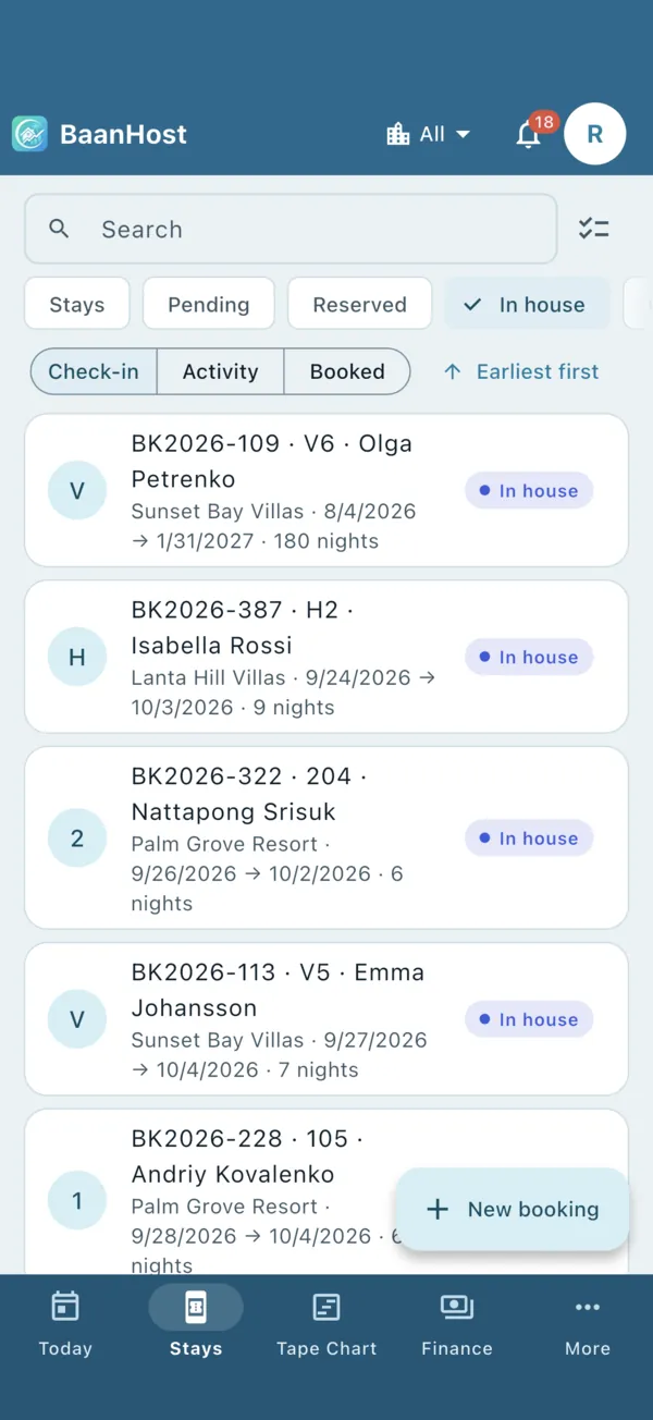 Stays list with the New booking button
