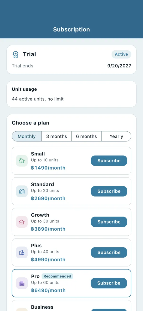 The Subscription page in the app