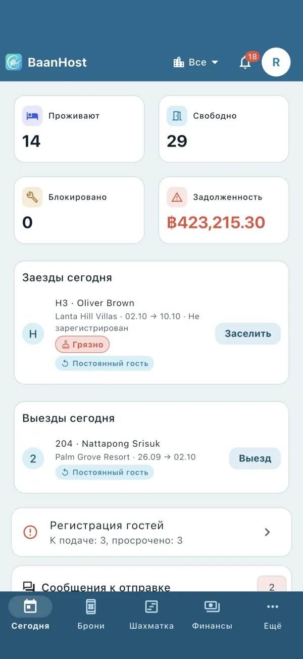 Страница «Сегодня» с заездами и выездами на сегодня